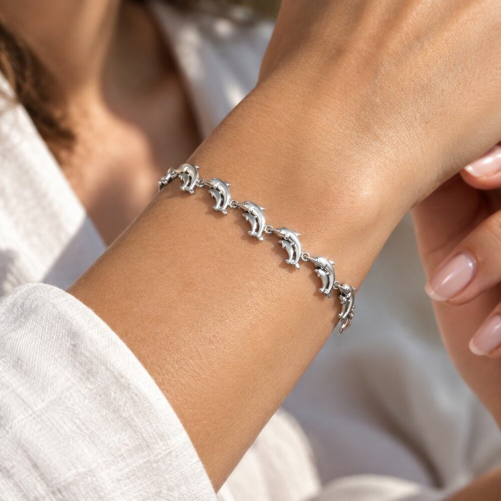 Vintage My Way 925 Sterling Silver Dolphin Link Bracelet 7in Y2K Coastal 10.8g